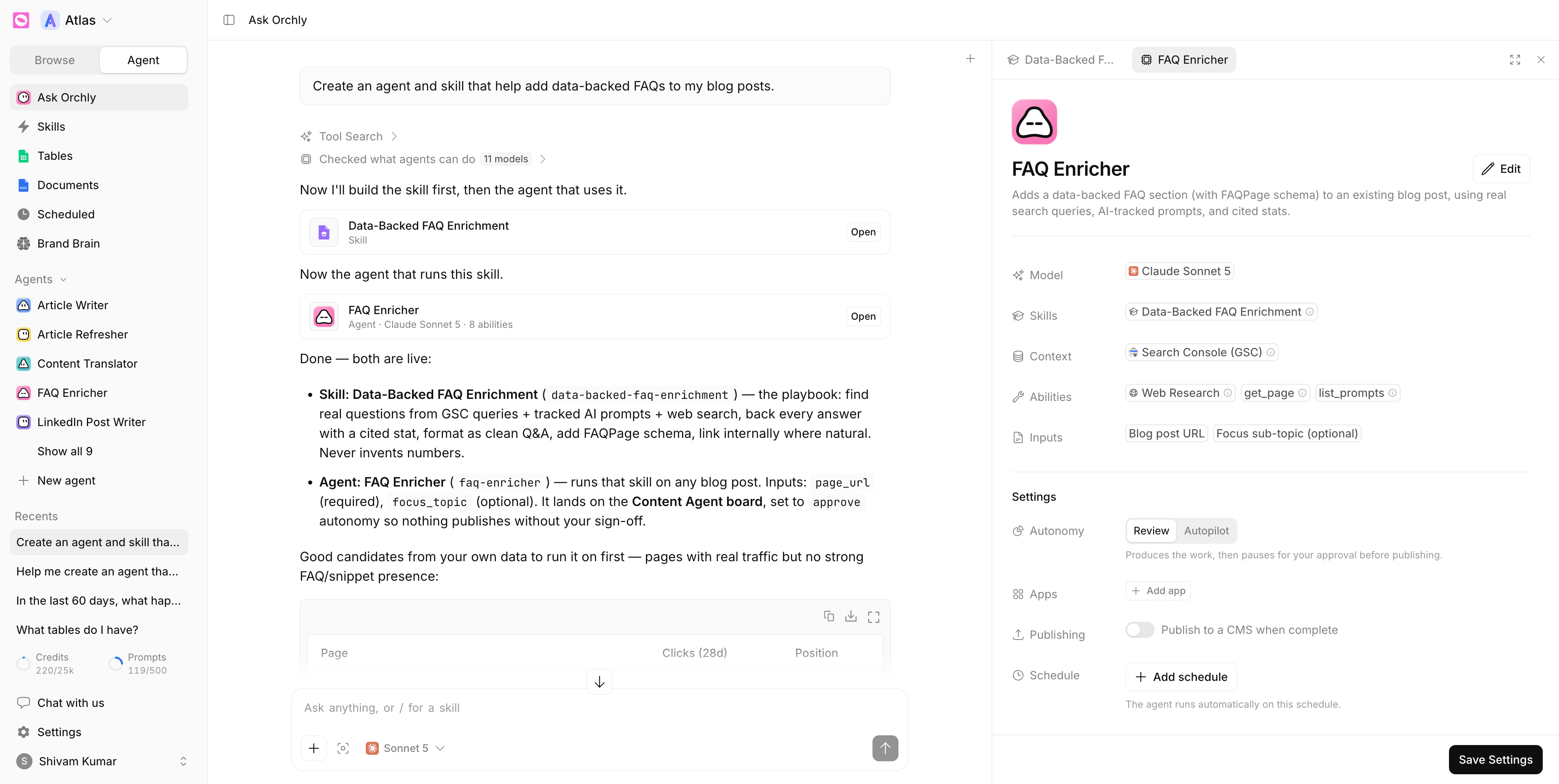 Ask Orchly creating a FAQ Enricher agent and its skill, with the agent open on the right