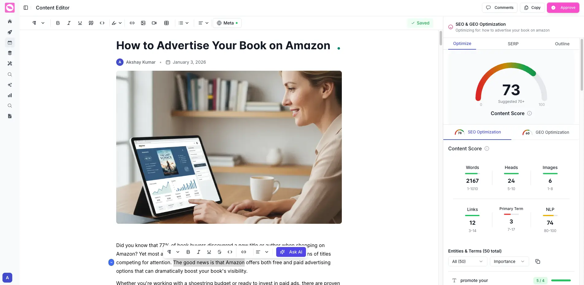 Orchly SEO Content Writer - AI-powered content creation dashboard showing automated article writing and optimization features for content teams