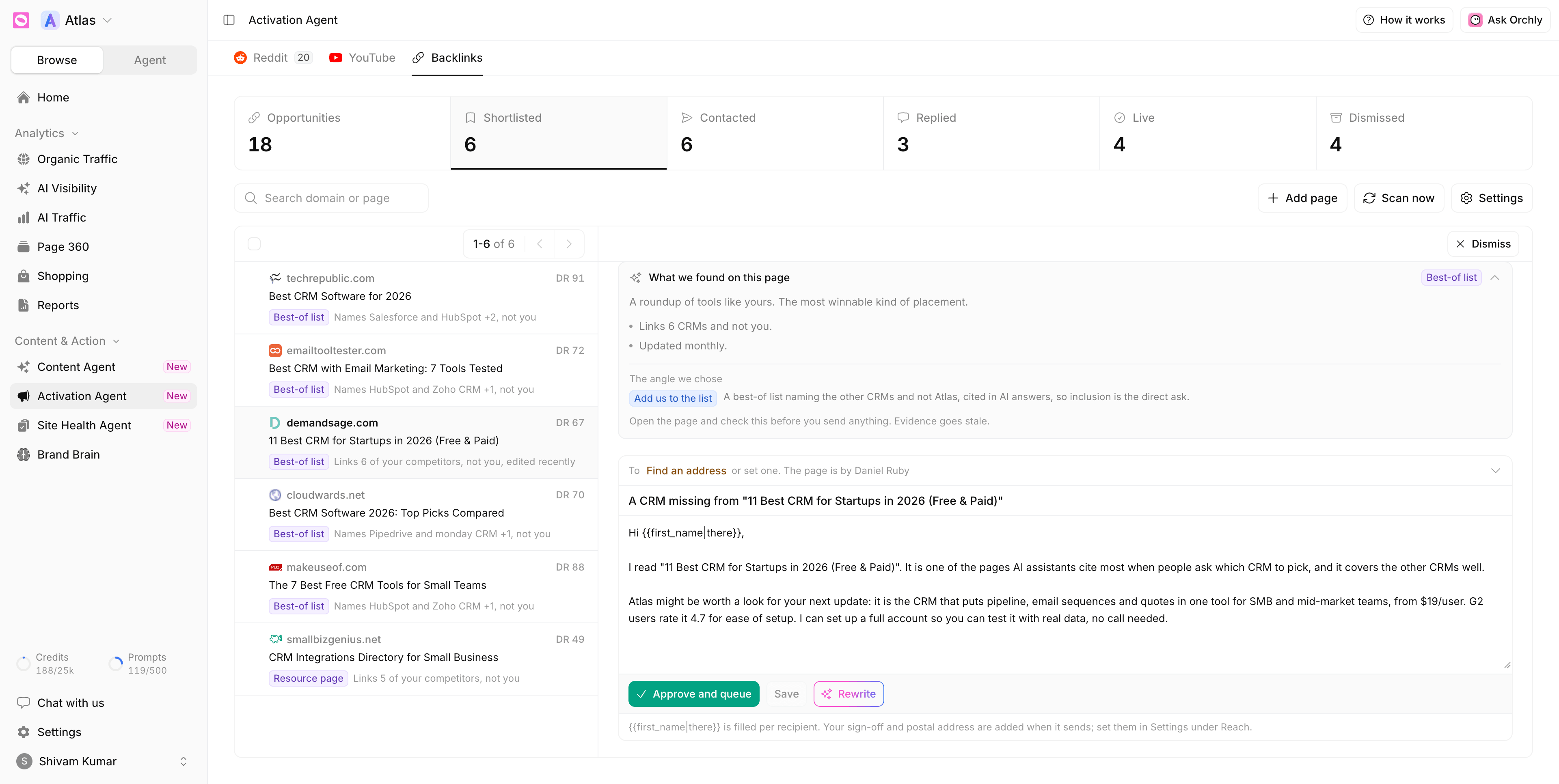 Shortlisted backlink prospect with what we found on the page, the chosen angle Add us to the list, and a drafted outreach email with Approve and queue and Rewrite buttons