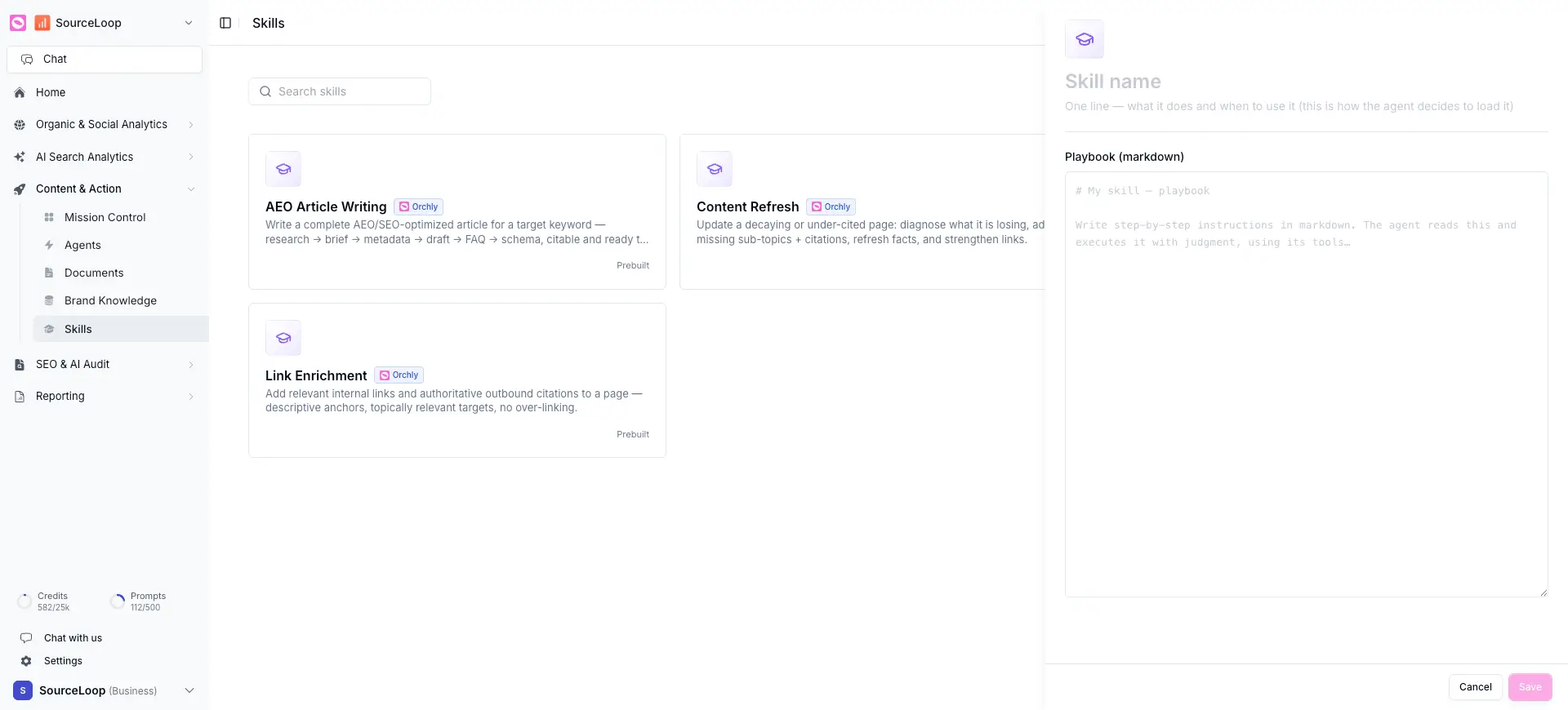 Skill editor with a name, a one-line description, and a markdown playbook field