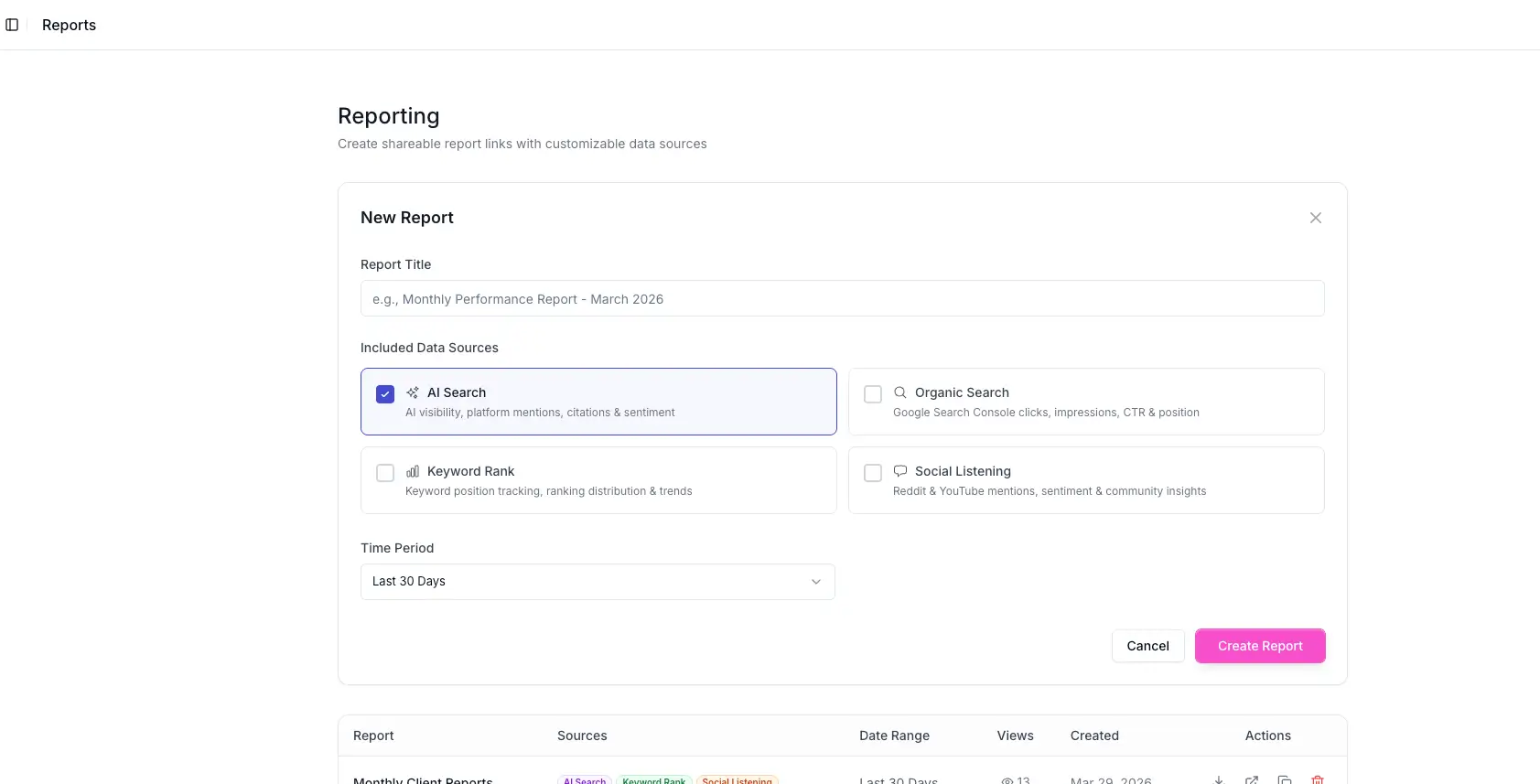 New Report form with a title field, data source checkboxes, and a time period selector