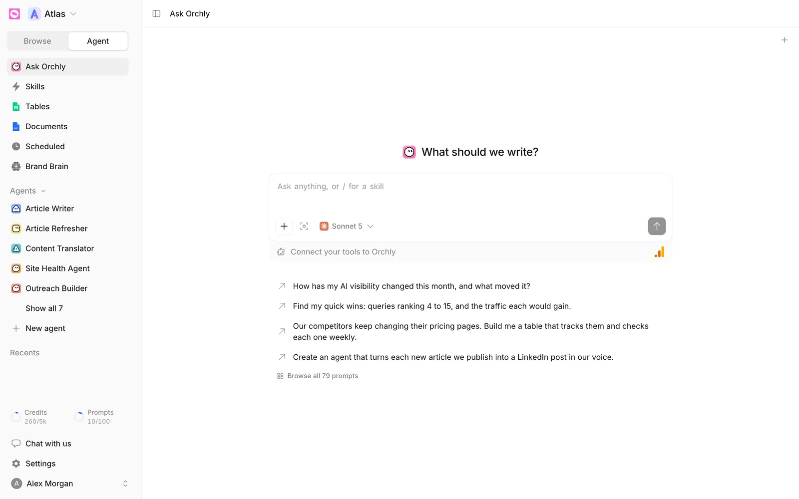 Ask Orchly full page in Agent mode, with the agents list in the sidebar