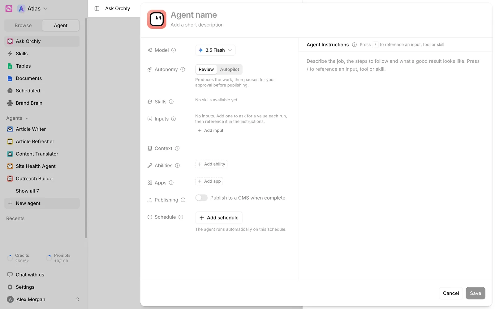 New agent editor with Model, Autonomy, Skills, Inputs, Context, Abilities, Apps, Publishing and Schedule rows and an Agent Instructions panel