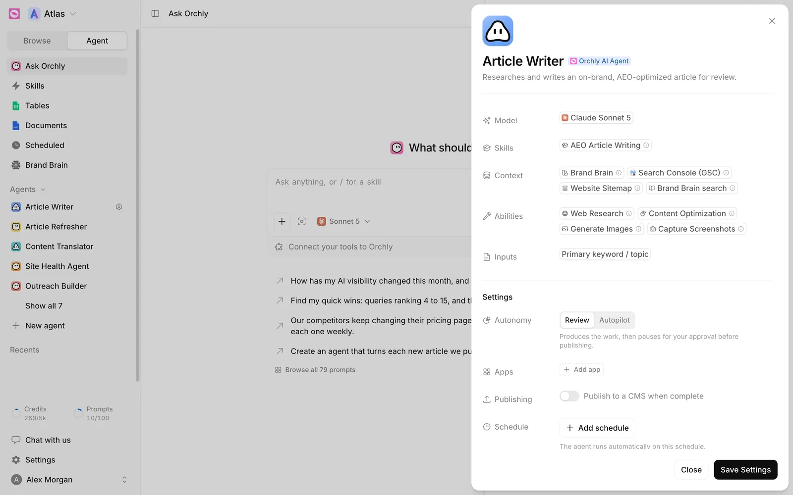 Prebuilt Article Writer settings with Autonomy set to Review and the Publish to a CMS when complete switch