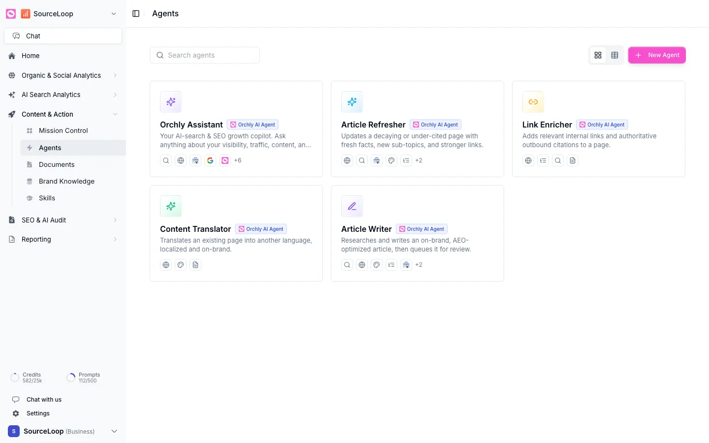 Orchly agents library with prebuilt agents like Article Writer and Link Enricher