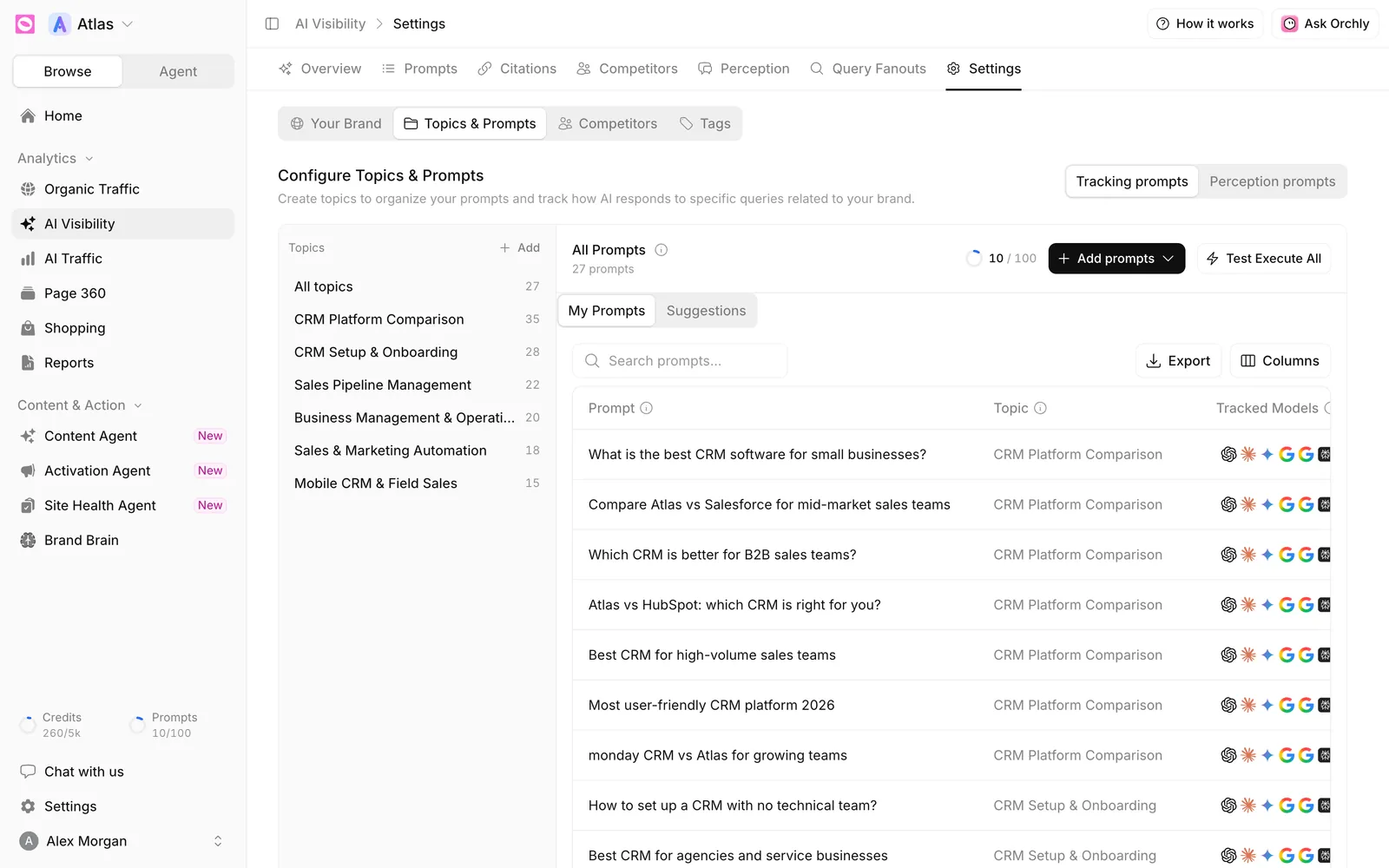 Settings Topics and Prompts view with a prompt usage ring reading 10 of 100 next to the Add prompts button