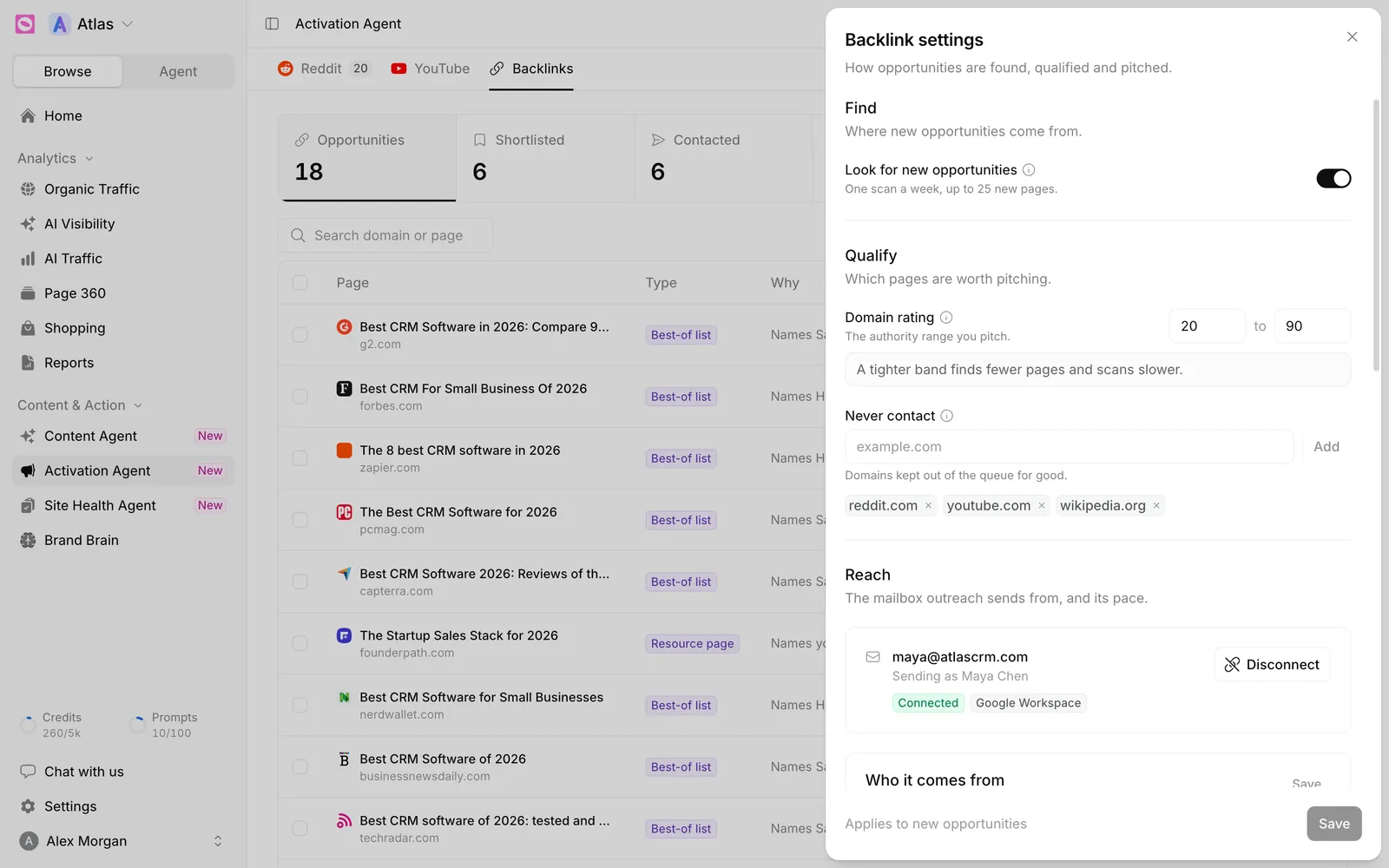 Backlink settings sheet with Find toggle Look for new opportunities, Qualify domain rating range 20 to 90 and Never contact domains, and Reach showing a connected Google Workspace inbox