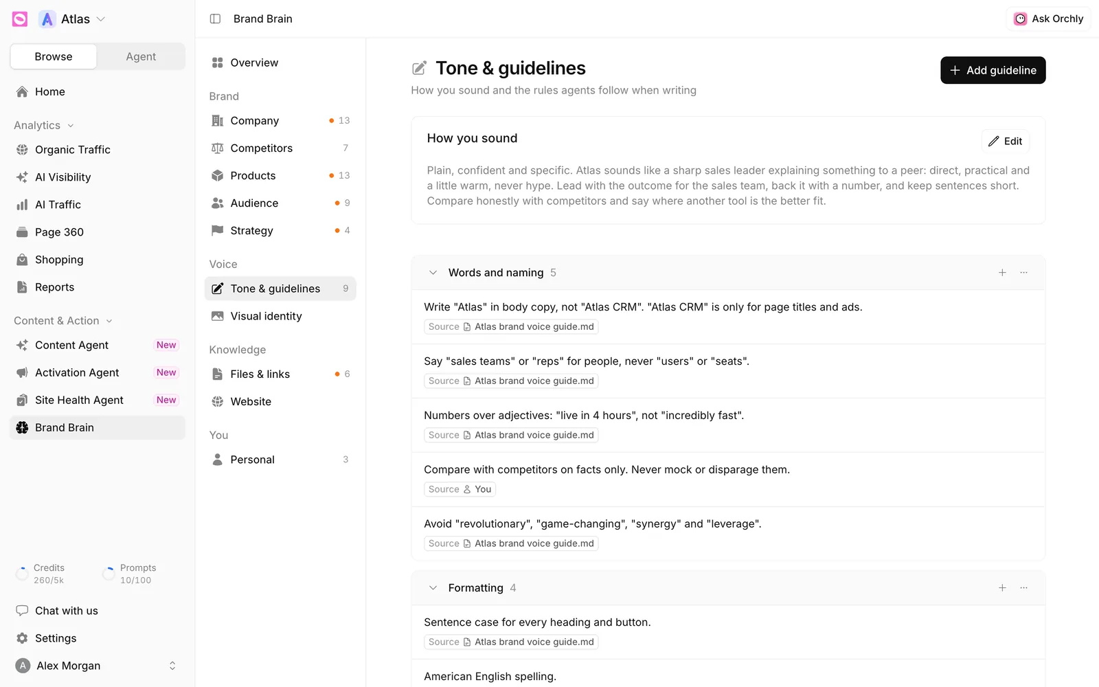 Brand Brain Tone and guidelines section with a How you sound description and writing guidelines grouped under Words and naming and Formatting