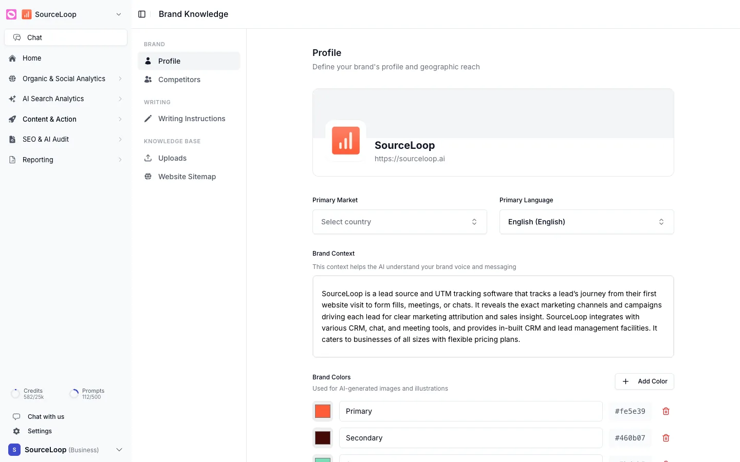 Orchly Brand Knowledge profile with brand identity, market, language, context, and colors
