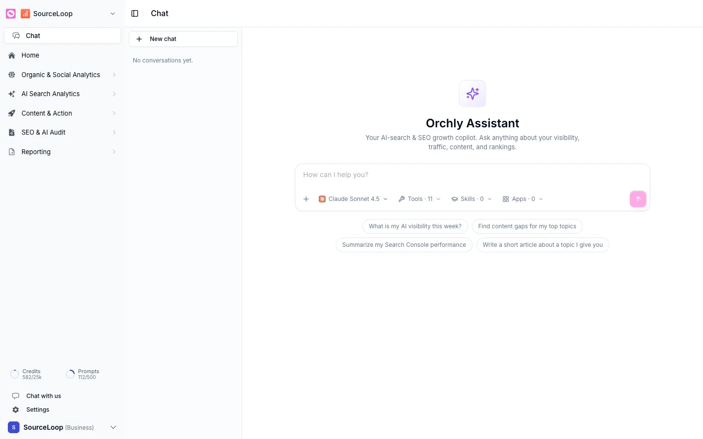 Orchly Assistant chat with a model picker and Tools, Skills, and Apps selectors
