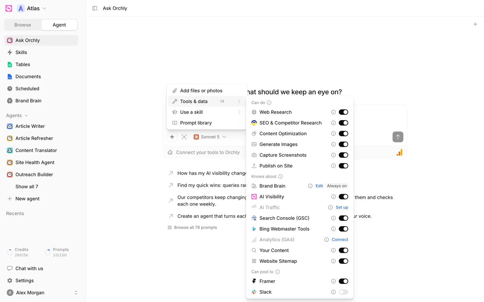 Ask Orchly Tools and data menu with Search Console and Bing Webmaster Tools toggles under Knows about, and Framer and Slack under Can post to