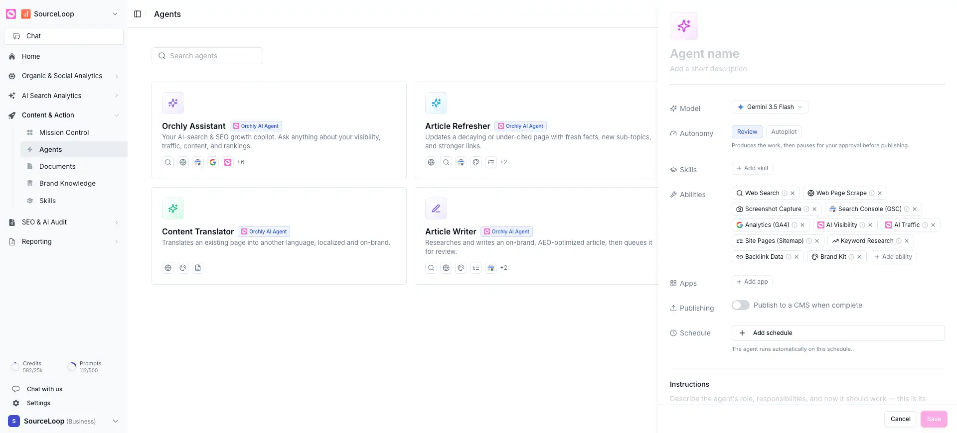 Agent builder panel with model, autonomy, skills, abilities, apps, publishing, schedule, and instructions fields