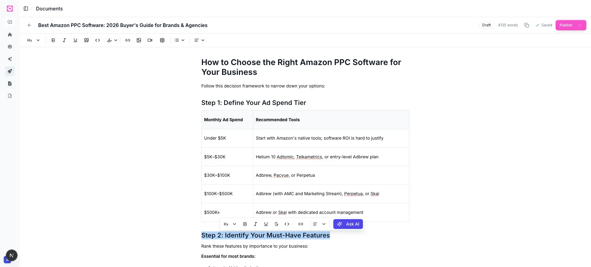 Orchly document editor with a formatting toolbar, an Ask AI option, word count, and a publish button