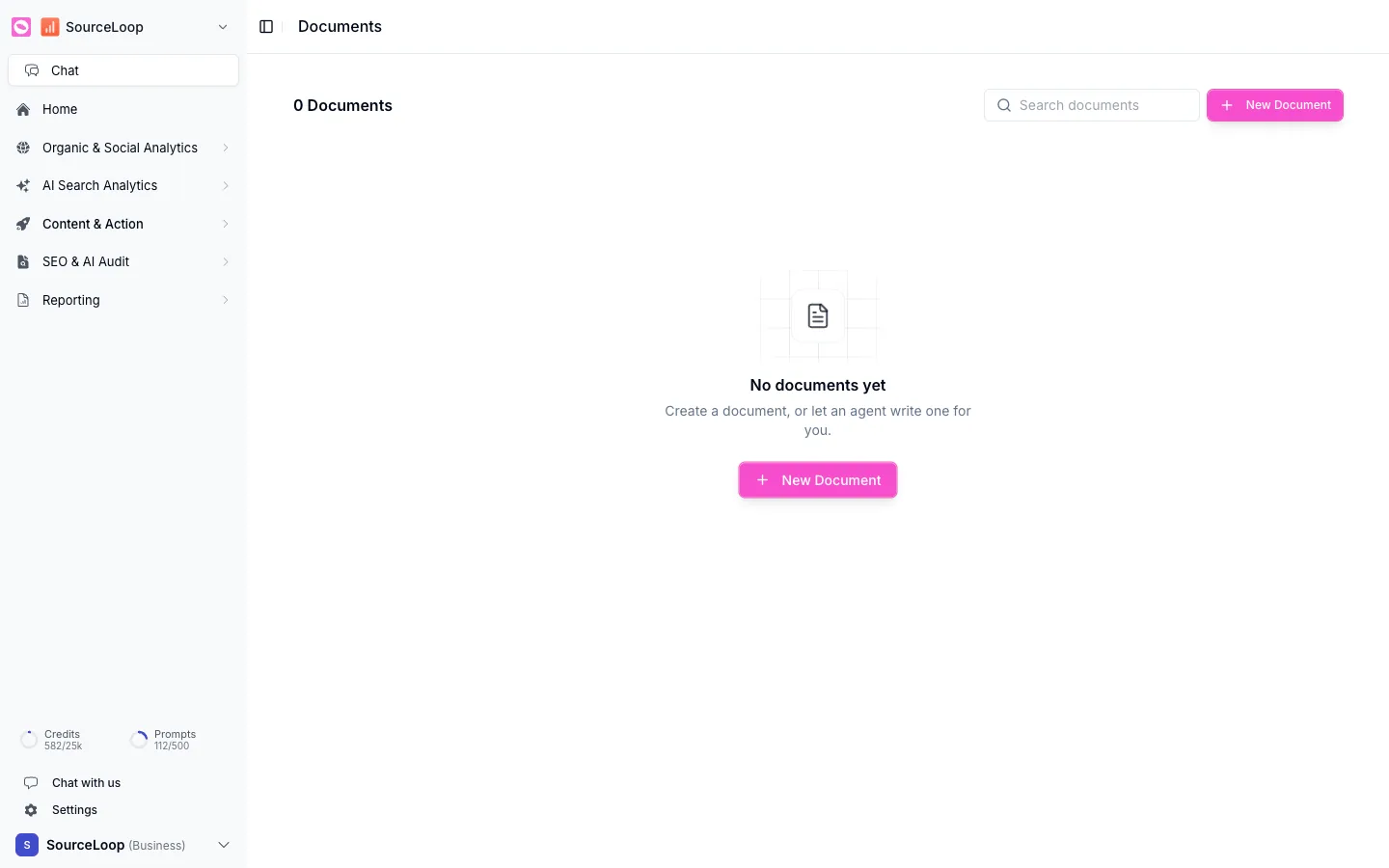 Orchly Documents workspace with a New Document button and an empty state
