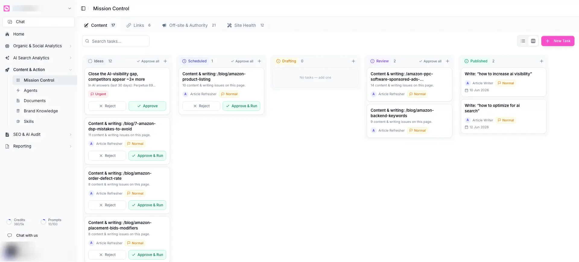 Mission Control board with Content, Links, Off-site and Site Health boards and task cards moving through Ideas, Scheduled, Drafting, Review, and Published columns