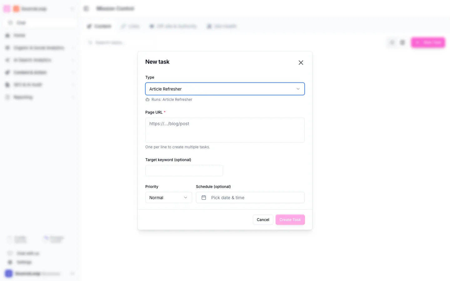 New task dialog with task type, page URL, target keyword, priority, and schedule fields