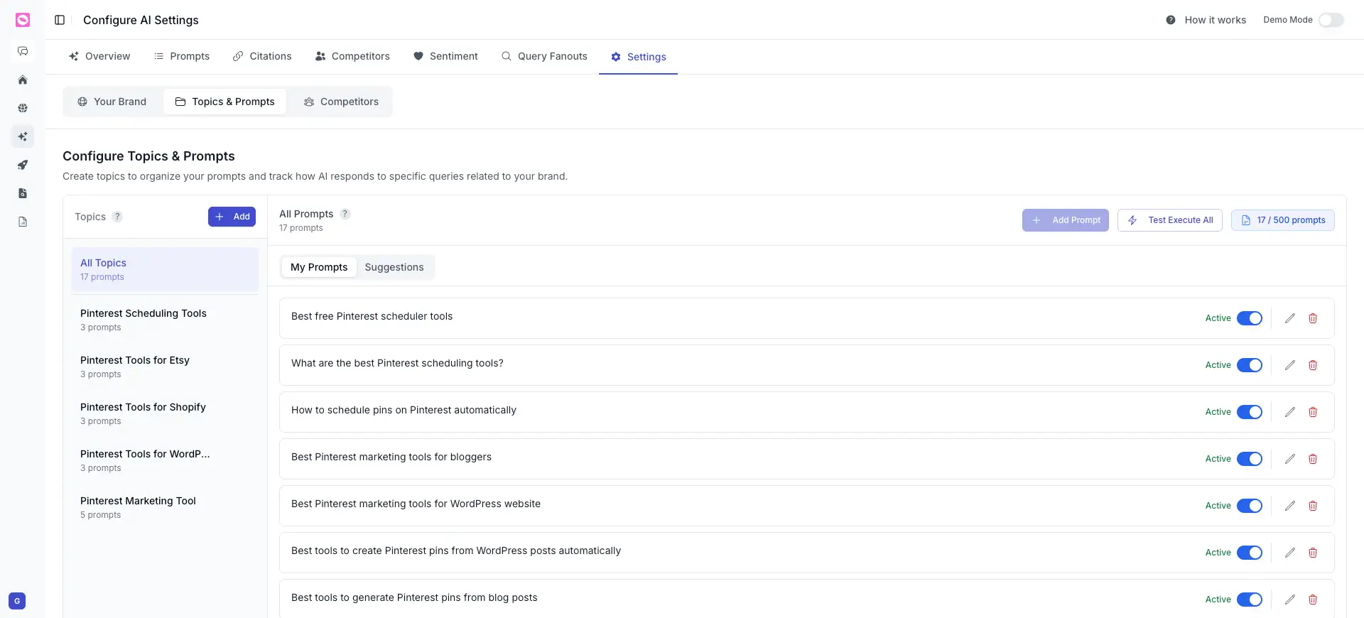 Topics and Prompts settings with topics on the left and prompts grouped under them on the right