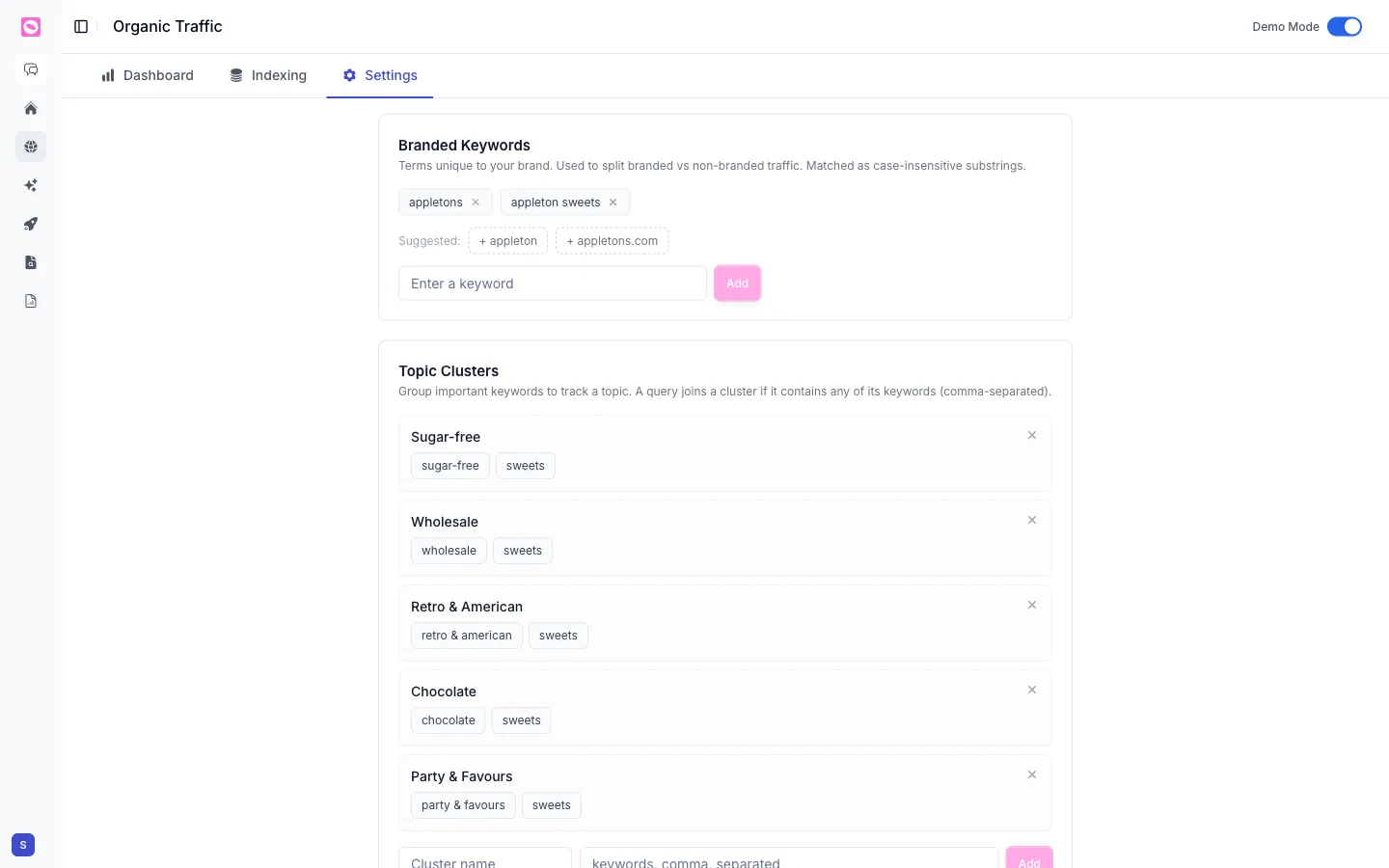 Topic Clusters settings with clusters like Sugar-free and Wholesale, each holding keywords