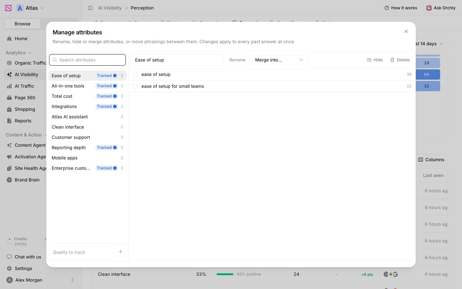 Manage attributes dialog listing qualities with Tracked badges, the phrasings grouped under Ease of setup, and a Quality to track field
