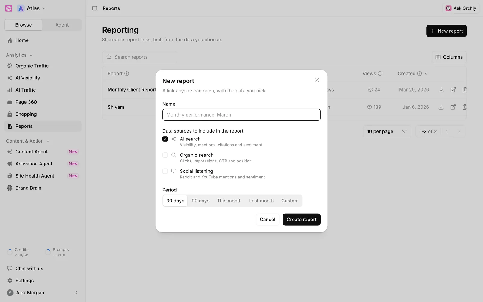 New report dialog in Orchly with Name, data sources AI search, Organic search and Social listening, and Period options