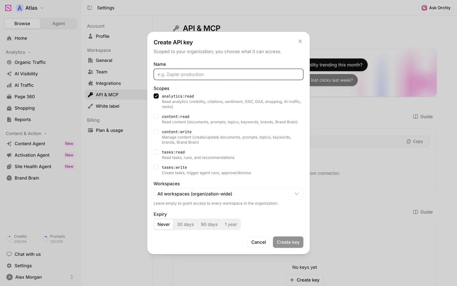 Create API key dialog with Name, Scopes checkboxes, Workspaces and Expiry options