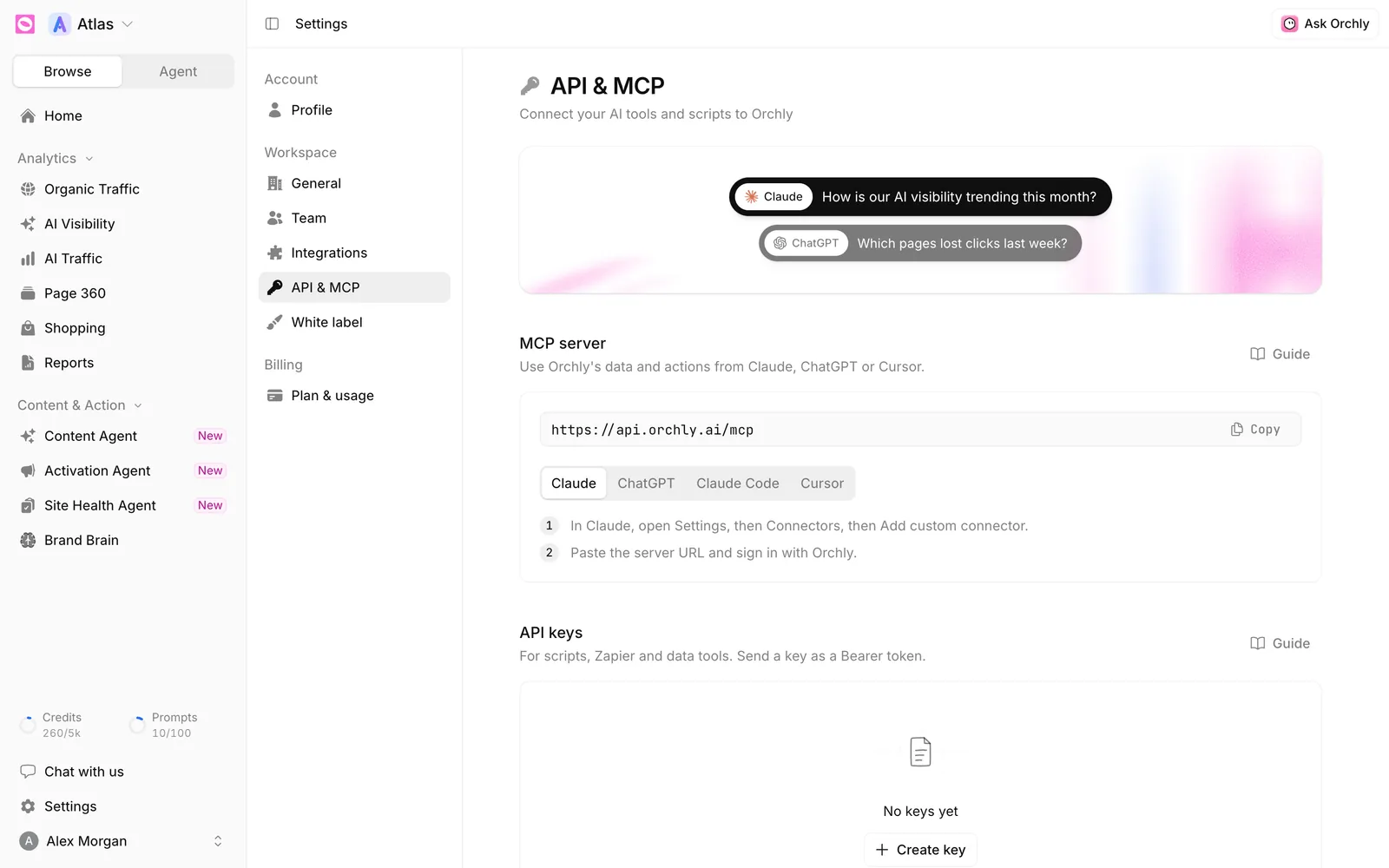 Orchly Settings API & MCP page with the MCP server URL, client tabs and the API keys section