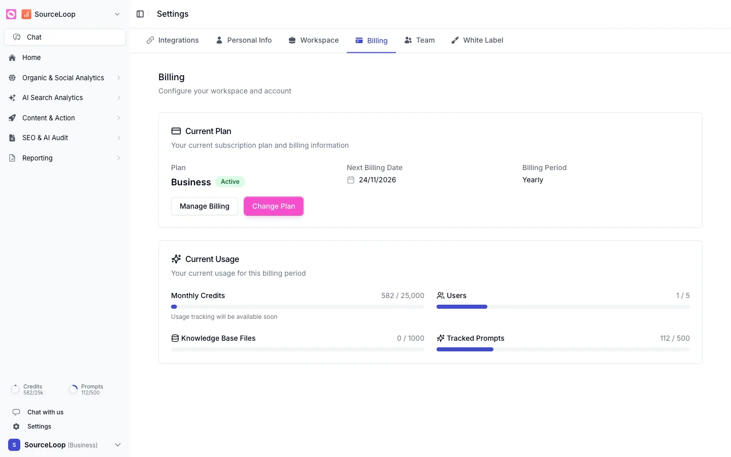 Billing settings showing the current plan, billing date, and usage meters