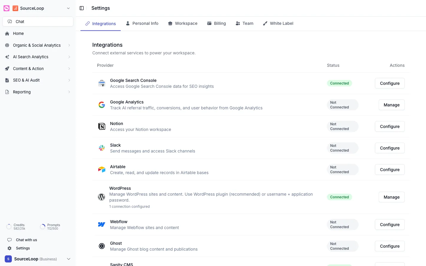Orchly integrations list showing Search Console, Analytics, Slack, WordPress, and more with connection status