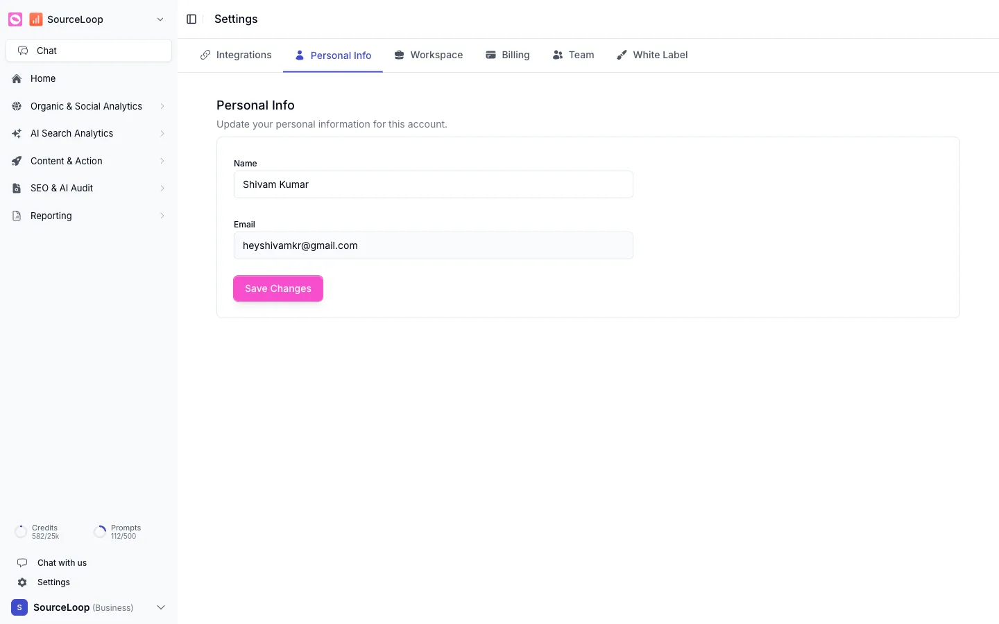 Personal Info settings with name and email fields