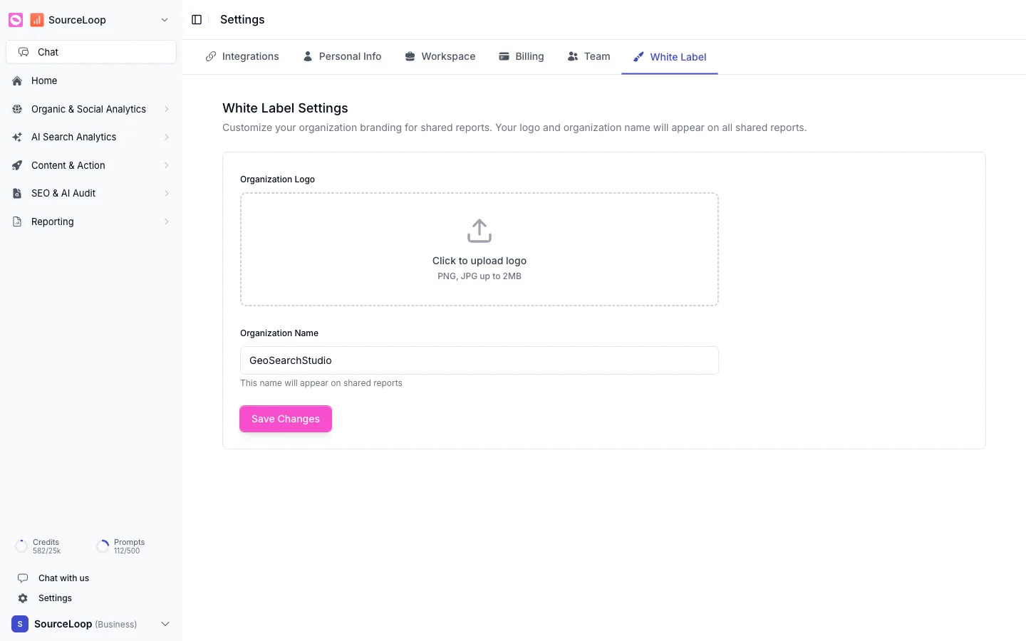 White Label settings with an organization logo upload and organization name field
