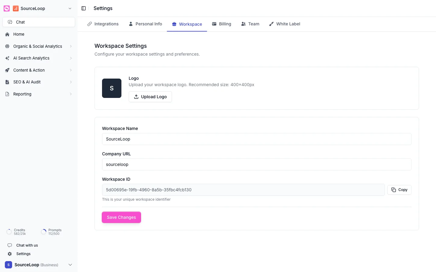 Workspace settings with logo, workspace name, company URL, and workspace ID