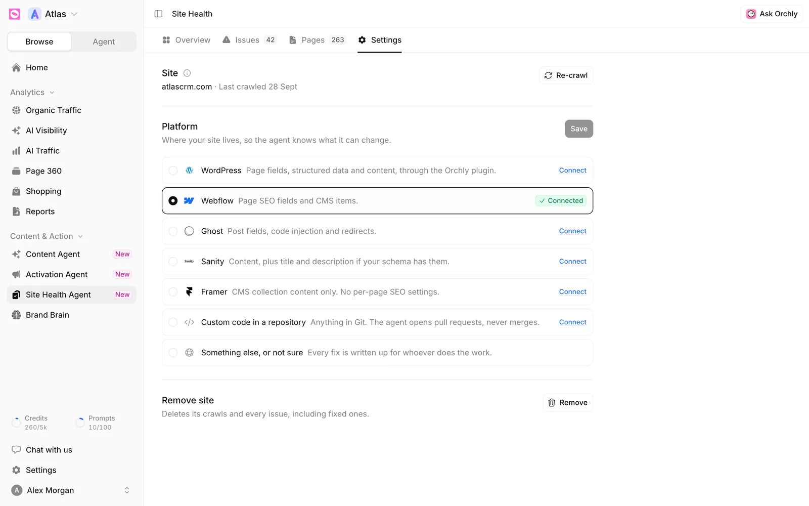 Site Health Settings tab with the Re-crawl button and Platform options for WordPress, Webflow, Ghost, Sanity, Framer, custom code in a repository and something else