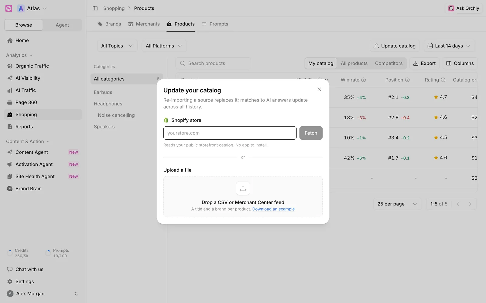 Update your catalog dialog with a Shopify store field and Fetch button, and an Upload a file drop zone for a CSV or Merchant Center feed
