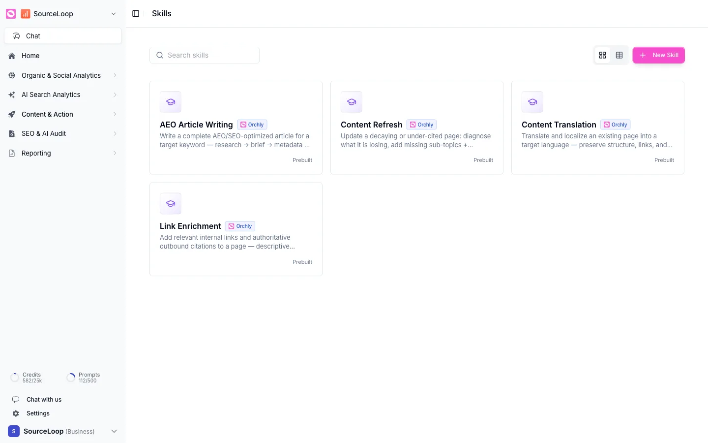 Orchly skills library with prebuilt skills like AEO Article Writing and Content Refresh