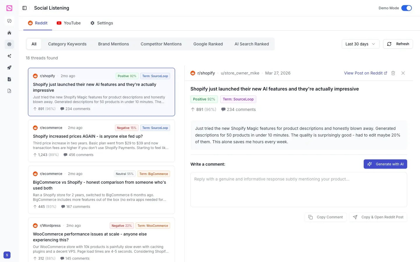 Reddit social listening with threads, sentiment scores, and an AI reply composer