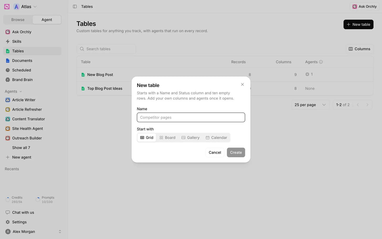 New table dialog with a Name field and Start with options Grid, Board, Gallery and Calendar