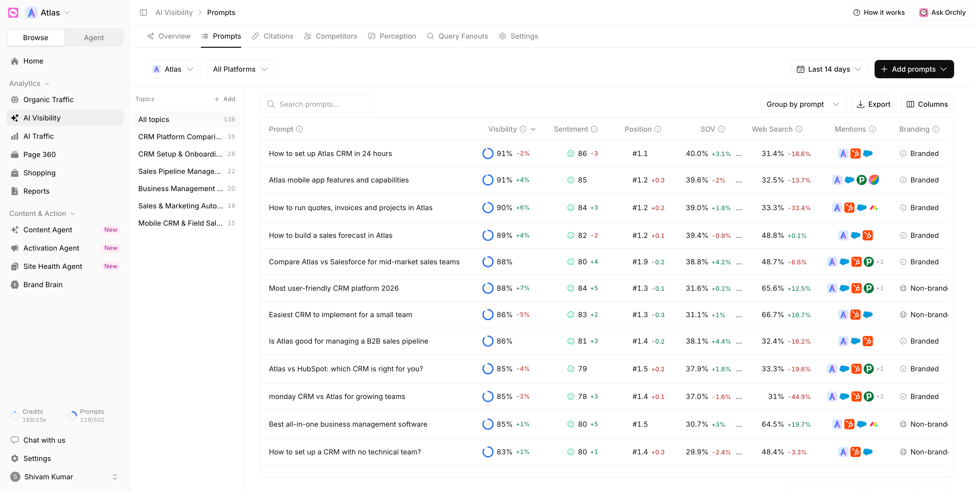 Prompts tab table with a Branding column showing Branded and Non-branded labels next to each prompt