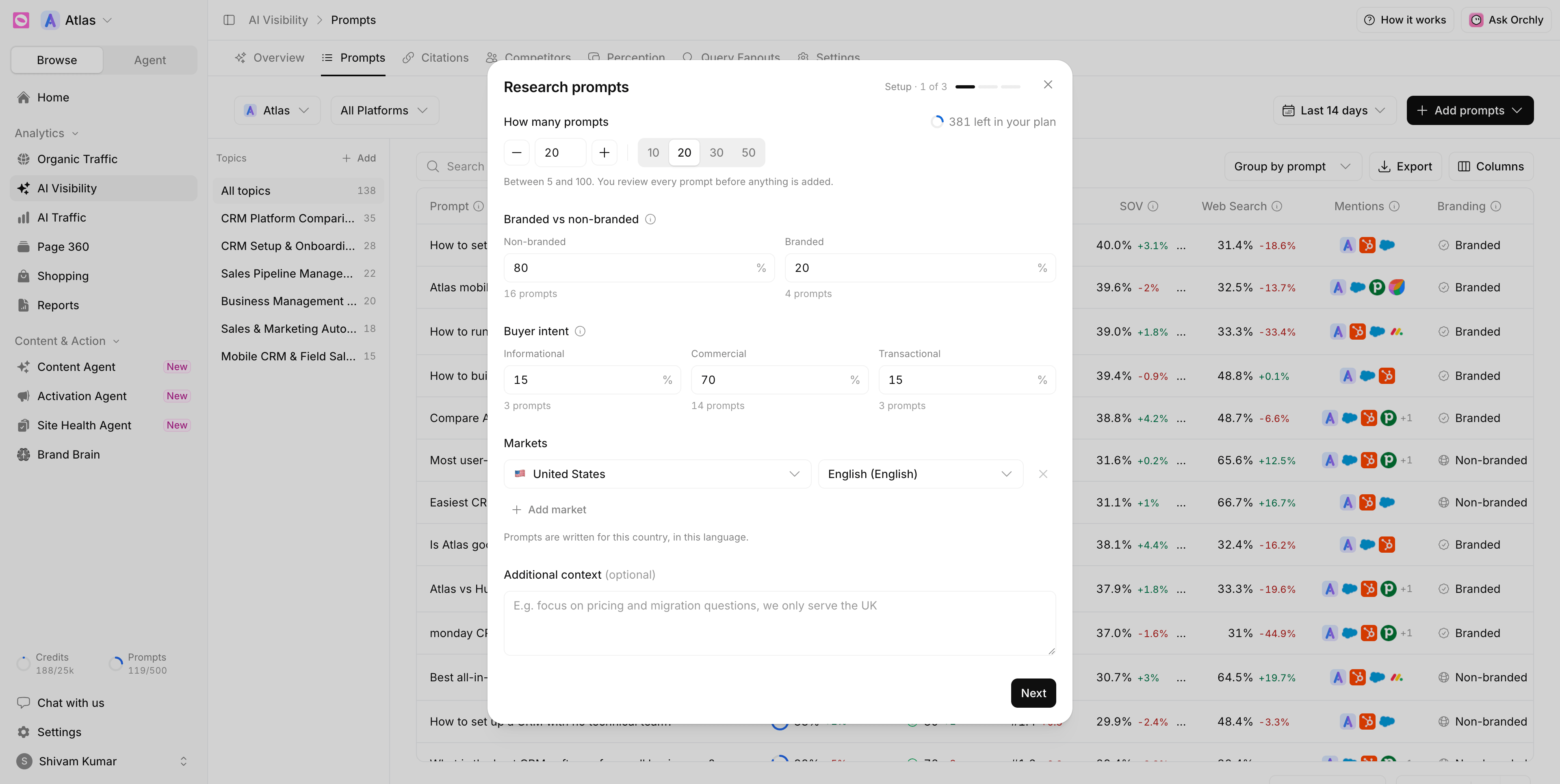Research prompts dialog, Setup step, with How many prompts set to 20, an 80 to 20 non-branded and branded split, buyer intent at 15, 70 and 15 percent, a United States English market and an Additional context box